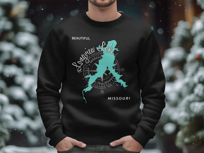 Black sweatshirt with teal Longview Lake map and compass graphic.
