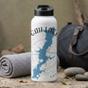 White water bottle with blue OKLAHOMA map and compass design.