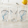 Three clear glasses featuring West Point Lake Georgia map and compass design.