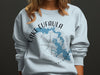 Light blue sweatshirt with Lake Eufaula, Oklahoma map and compass design.