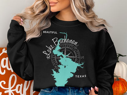 Black sweatshirt with "Beautiful Lake Buchanan Texas" map and compass design.