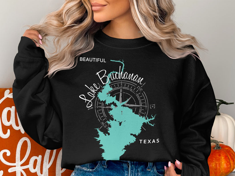 Black sweatshirt with "Beautiful Lake Buchanan Texas" map and compass design.