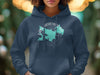 Navy hoodie with Lake Arrowhead, California map and compass graphic.