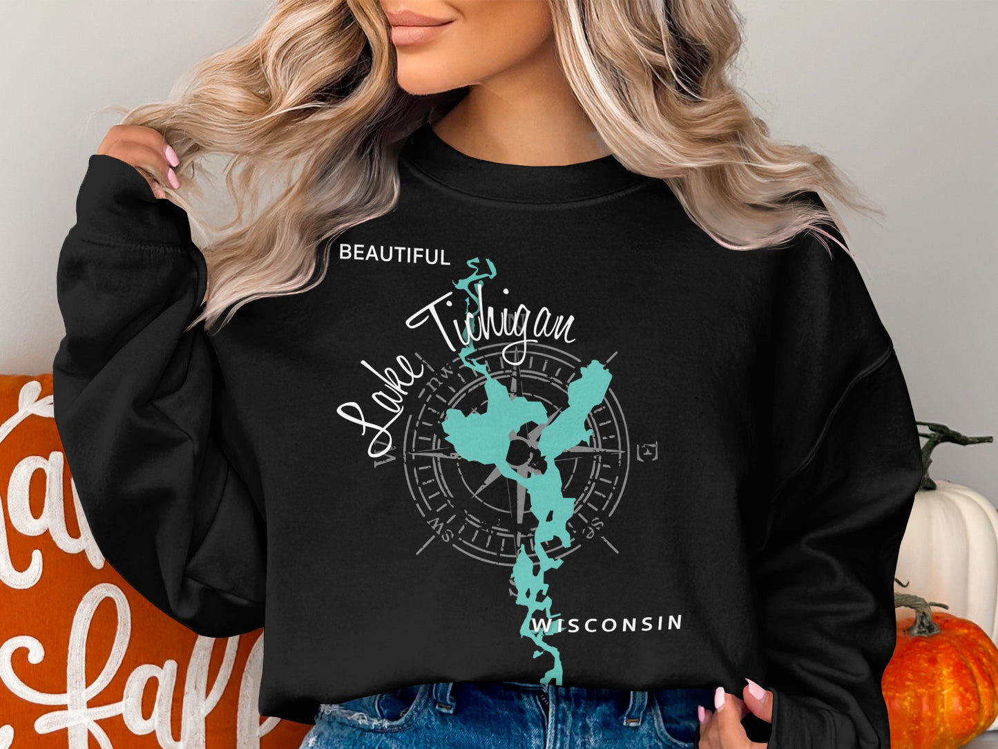 Black sweatshirt with "Lake Michigan Wisconsin" map and compass design.