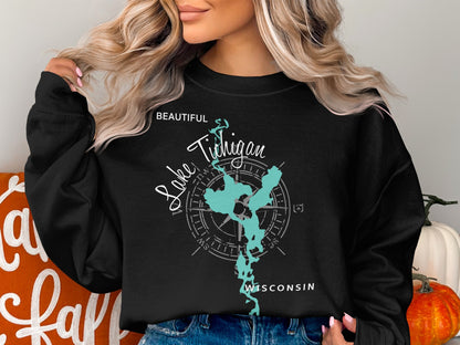 Black sweatshirt with "Lake Michigan Wisconsin" map and compass design.
