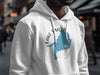 White hoodie with blue Lake Simcoe, Ontario map graphic and compass rose.