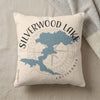 Pillow with Silverwood Lake map, compass rose, and California text.