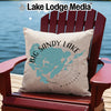 Pillow with map of Big Sandy Lake, Minnesota and compass rose design.