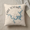 Pillow with blue Lake Texoma map outline and compass rose on textured fabric.