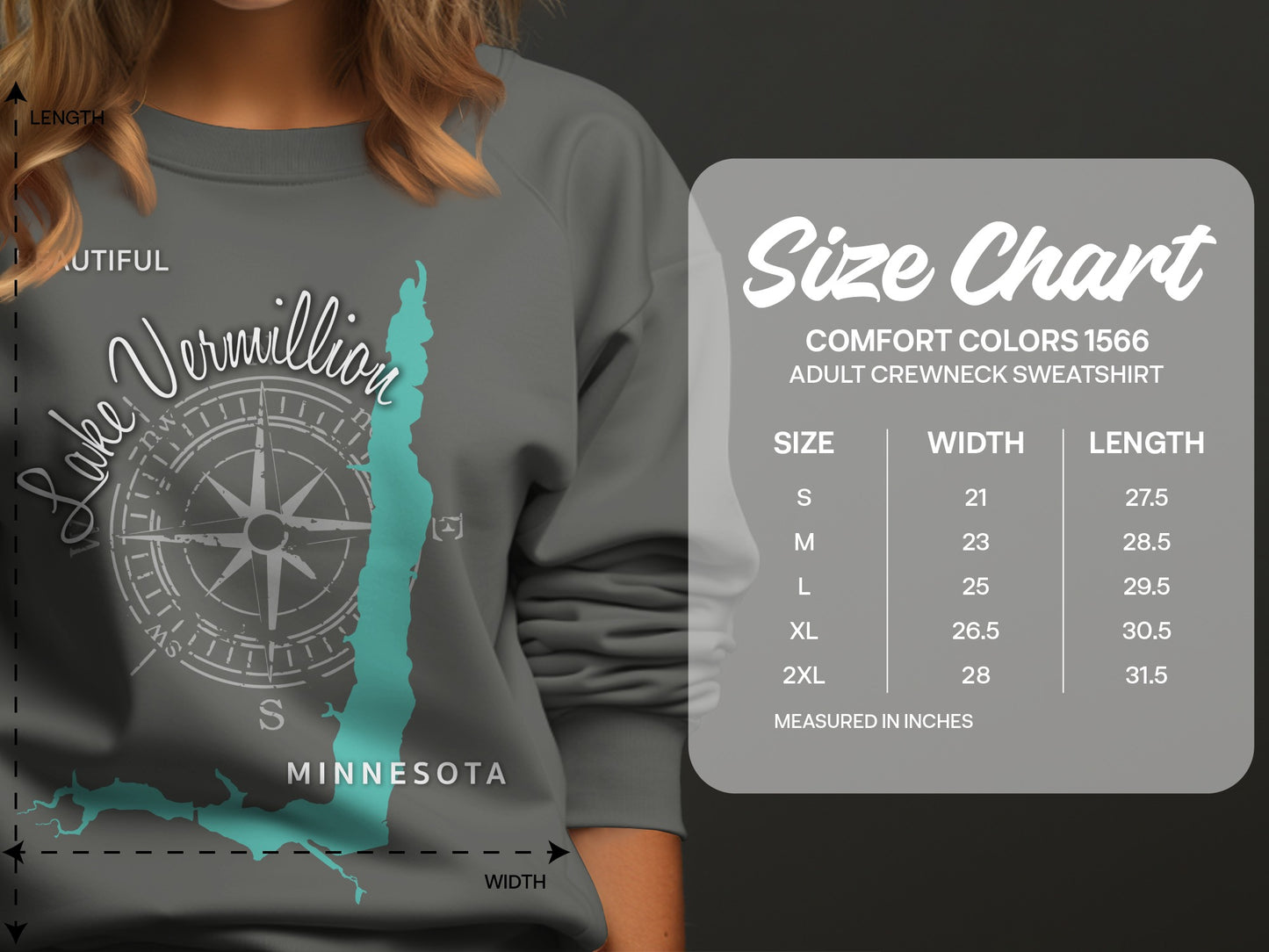 Size chart for a Comfort Colors 1566 adult crewneck sweatshirt.