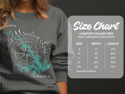 Size chart for Comfort Colors 1566 adult crewneck sweatshirt.