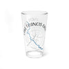 Clear pint glass with Lake Francis Case map and compass design.