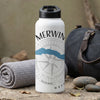 White water bottle with black lid, "MERWIN" text, compass design, and blue river graphic.