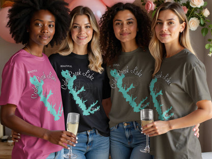 Four women wearing graphic t-shirts with "Cedar Creek Lake TEXAS" map design.