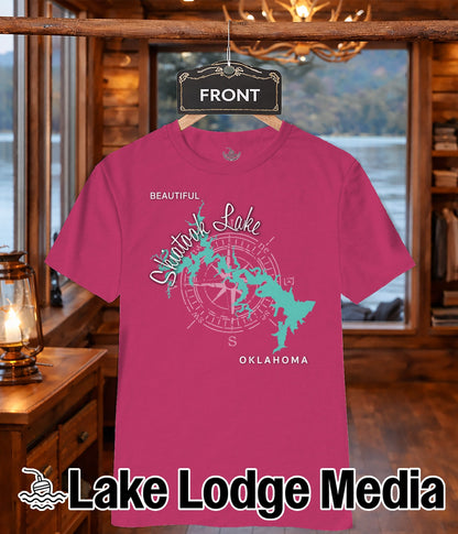 Pink t-shirt with compass rose map of Salt Fork Lake, Oklahoma.