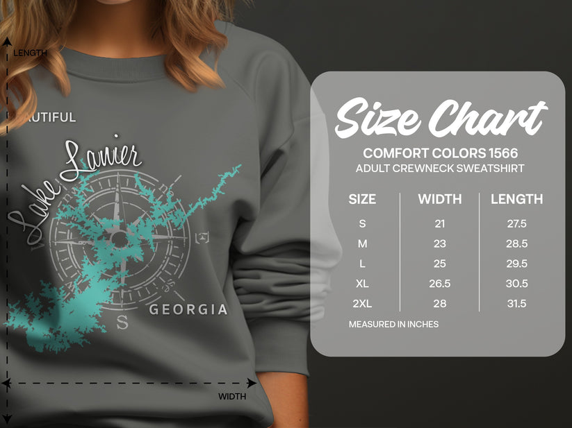Grey sweatshirt featuring "Lake Lanier Georgia" graphic and size chart.