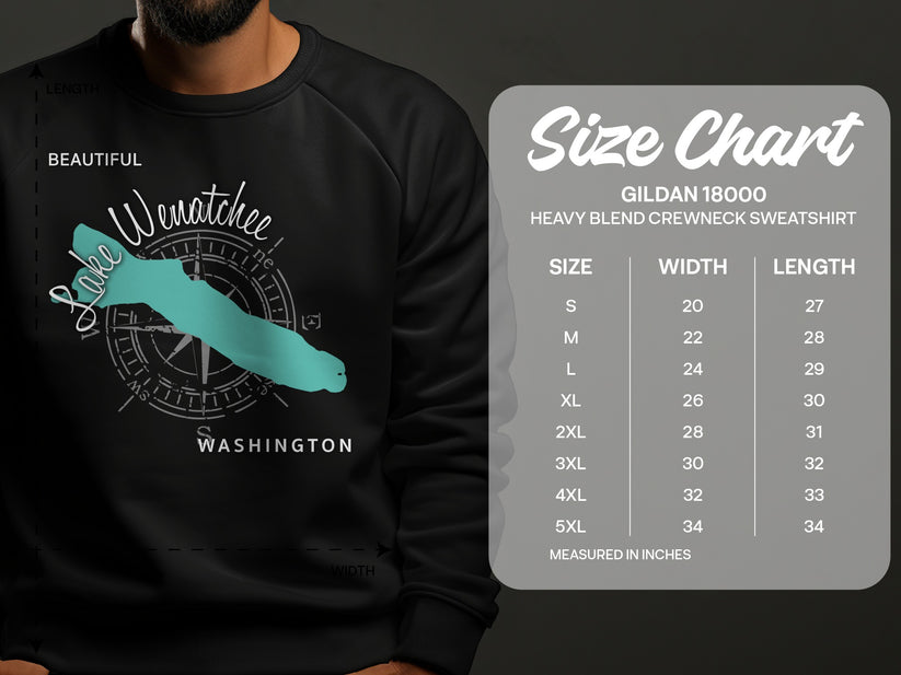 Crewneck sweatshirt size chart with graphic of Lake Wenatchee, Washington.