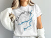 White t-shirt with Shuswap Lake, British Columbia map and compass design.