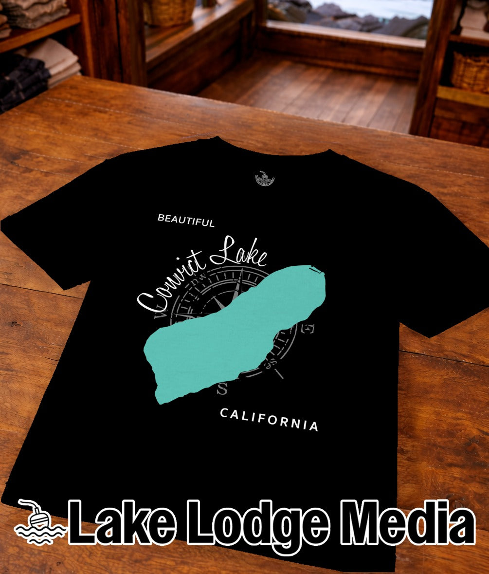 Black t-shirt with "Covict Lake" map graphic and "Lake Lodge Media" logo.