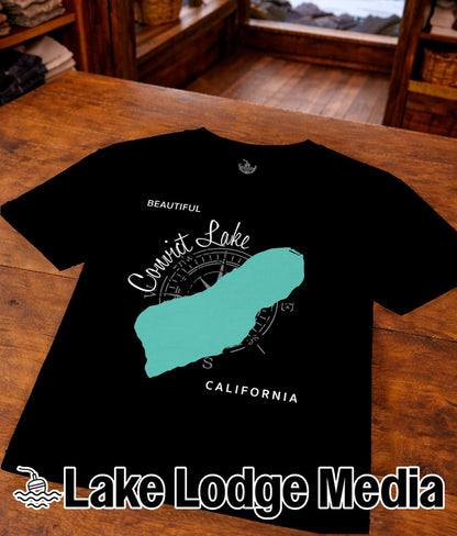 Black t-shirt with "Covict Lake" map graphic and "Lake Lodge Media" logo.