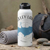 White water bottle with blue lake map and compass design.
