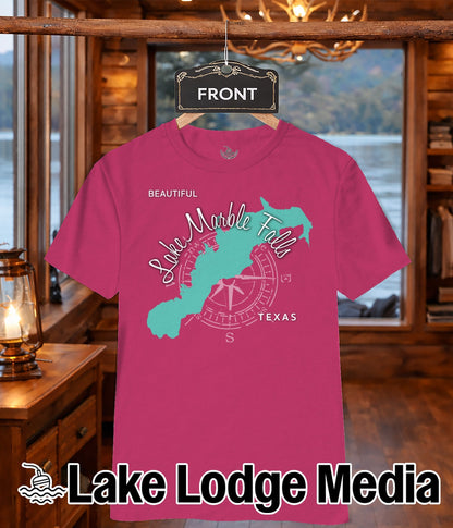 Pink t-shirt with Lake Marble Falls map and compass graphic, "Lake Lodge Media" logo.