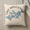 Light colored pillow with blue Lake Minnetonka map and "Lake Minnetonka Minnesota" text.