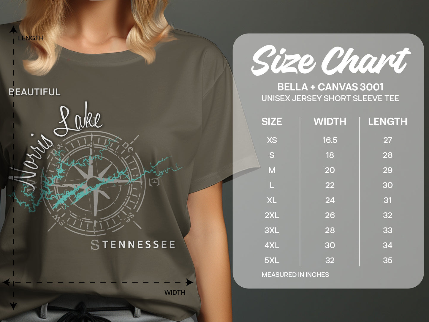 T-shirt size chart with lake graphic and "Beautiful Lake Tennessee" text.
