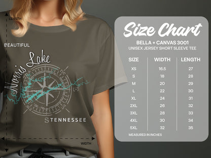 T-shirt size chart with lake graphic and "Beautiful Lake Tennessee" text.
