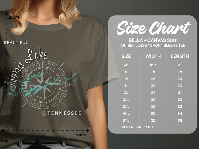 T-shirt size chart with lake graphic and "Beautiful Lake Tennessee" text.