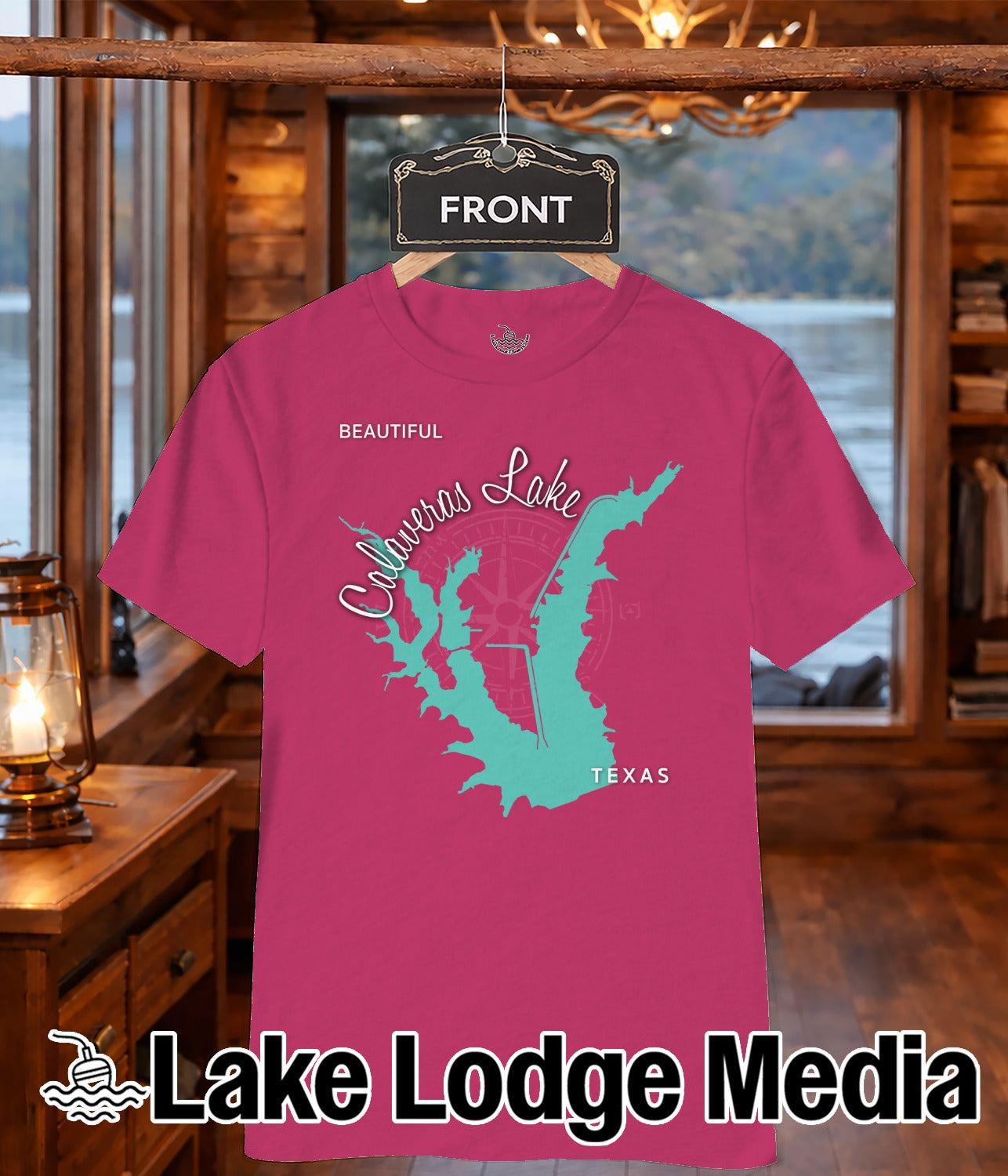 Pink t-shirt with Calaveras Lake map graphic and "Lake Lodge Media" logo.