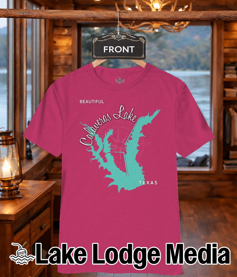 Pink t-shirt with Calaveras Lake map graphic and "Lake Lodge Media" logo.