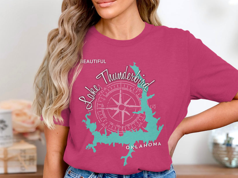 Crimson t-shirt with turquoise Lake Thunderbird map and compass graphic.
