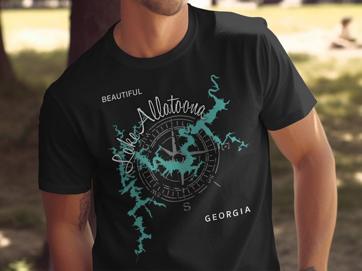 Black t-shirt with Lake Allatoona map and compass design.