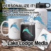 White mug, black tumbler, and white bottle with "Bow Lake" compass design.