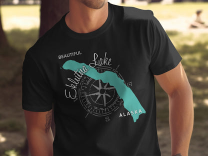 Black t-shirt with "Beautiful Eklutna Lake Alaska" text and compass graphic.