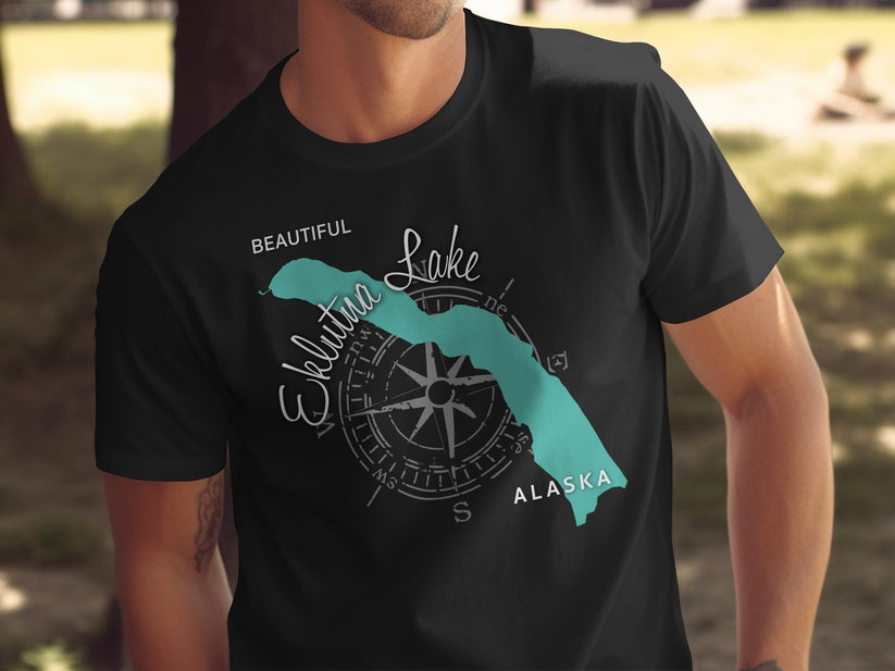 Black t-shirt with "Beautiful Eklutna Lake Alaska" text and compass graphic.