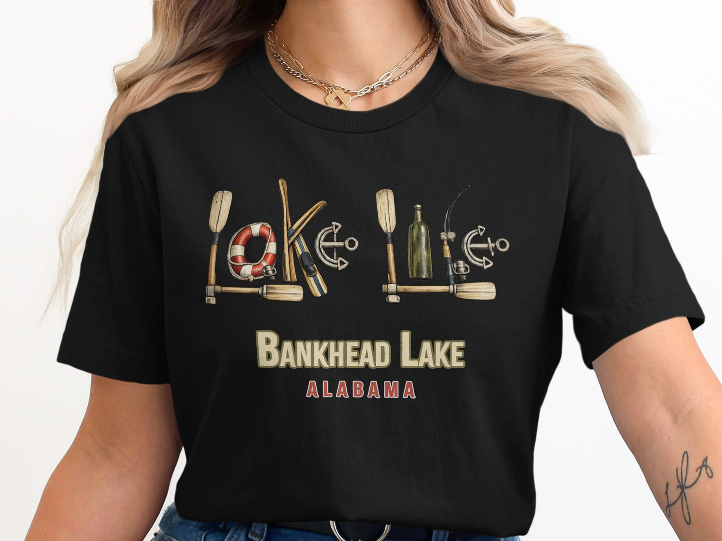 T-shirt featuring "Bankhead Lake Alabama" with lake-themed graphics.