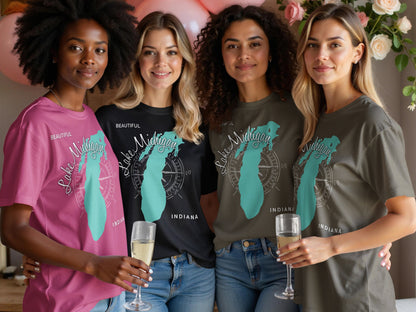 Four women in graphic tees featuring "Beautiful Lake Michigan Indiana" map design.