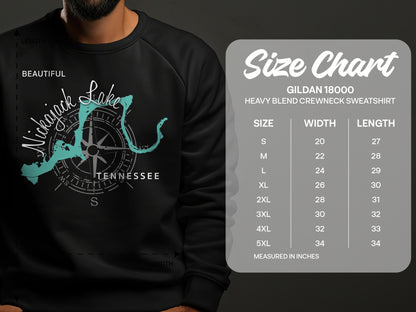 Size chart for Gildan 18000 heavy blend crewneck sweatshirt.