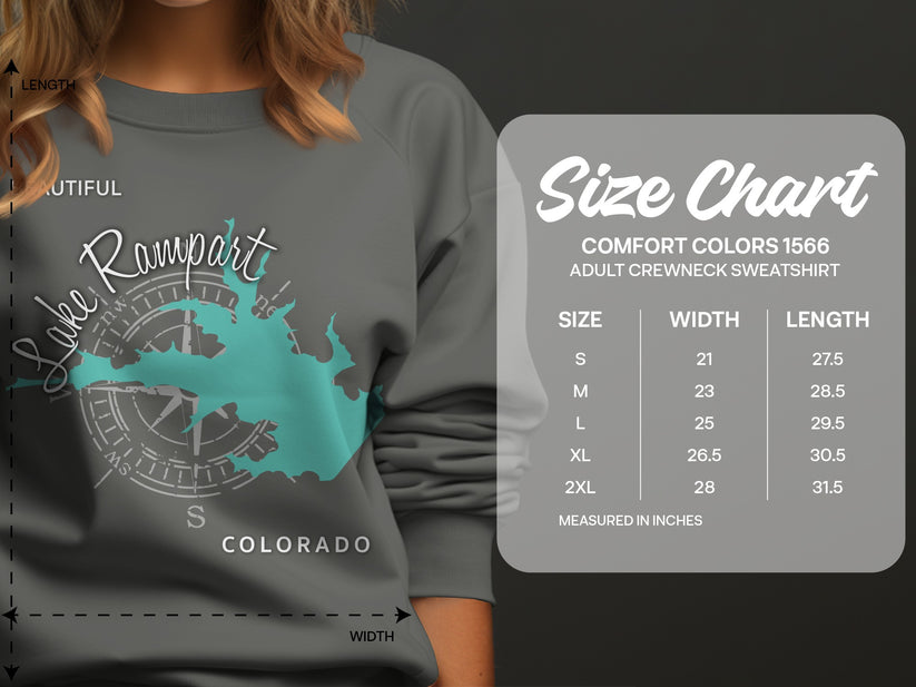 Crewneck sweatshirt size chart showing Comfort Colors 1566 measurements.