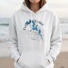 White hoodie with "Evergreen Lake Illinois" and a compass rose map design.