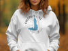 White hoodie with Calcasieu Lake Louisiana map and compass graphic.