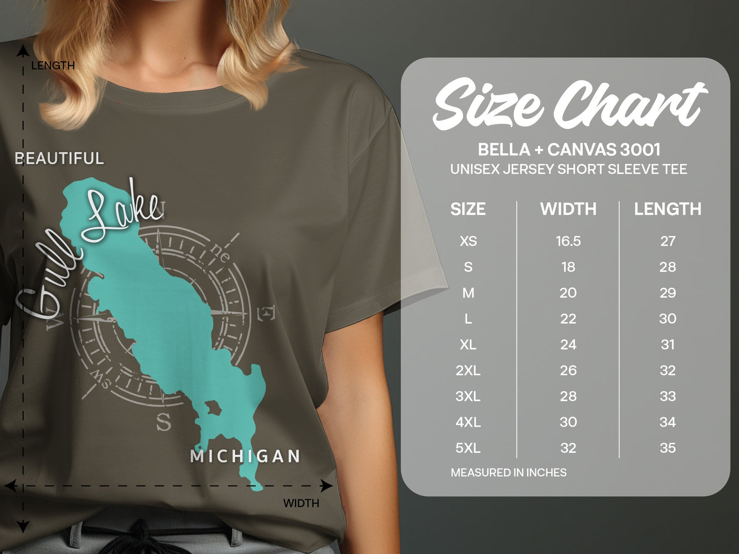 T-shirt size chart for BELLA + CANVAS 3001 unisex short sleeve tee.
