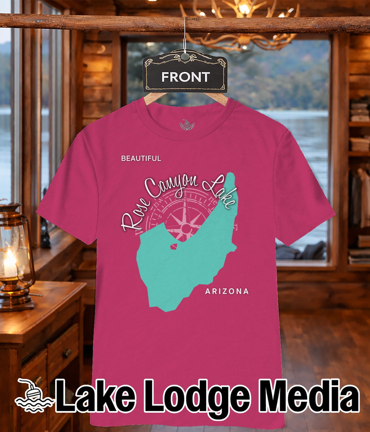 Pink t-shirt with Rose Canyon Lake map and "Lake Lodge Media" logo.