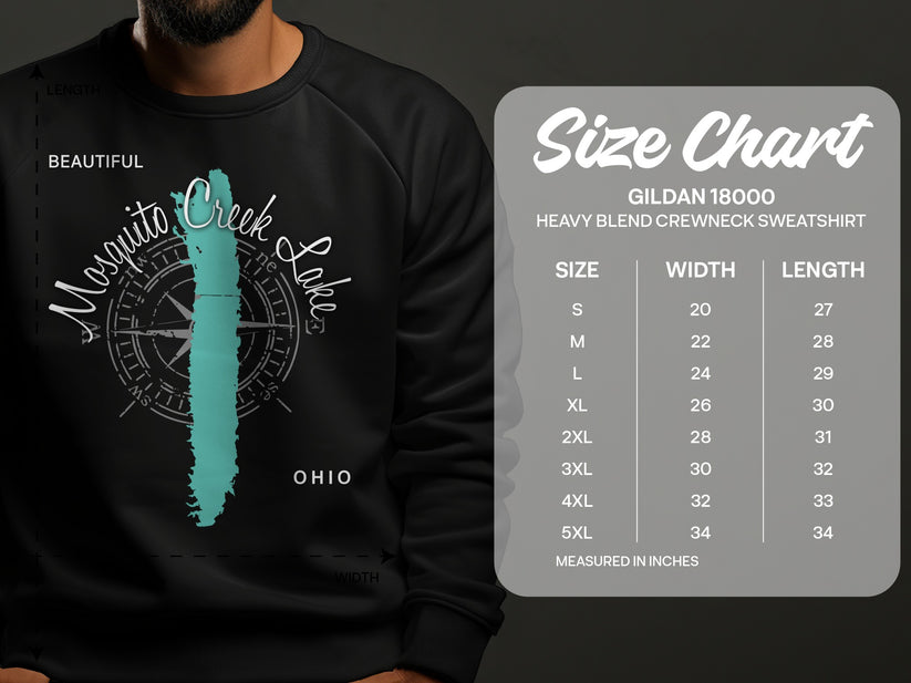 Gildan 18000 sweatshirt size chart with measurements in inches.