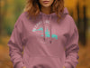 Pink hoodie with a white compass rose and turquoise DeGray Lake outline.
