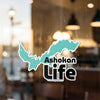 Turquoise outline of Ashokan Reservoir with text "Ashokan Life".