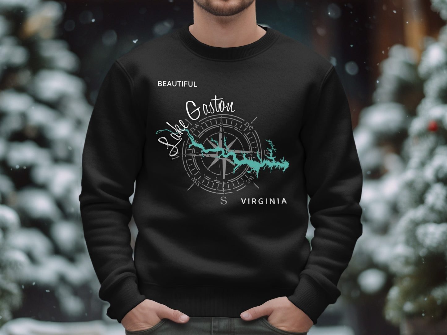Black sweatshirt with "Beautiful Lake Gaston Virginia" and compass graphic.