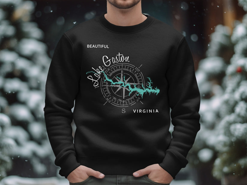 Black sweatshirt with "Beautiful Lake Gaston Virginia" and compass graphic.